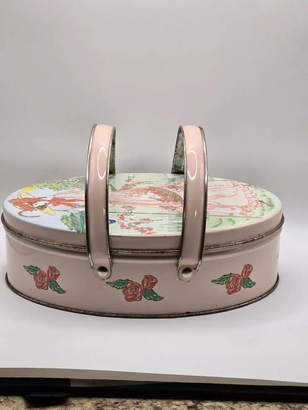VTG Deer Park Baking Co. Picnic Cookie Tin with Shepherdess Illustration